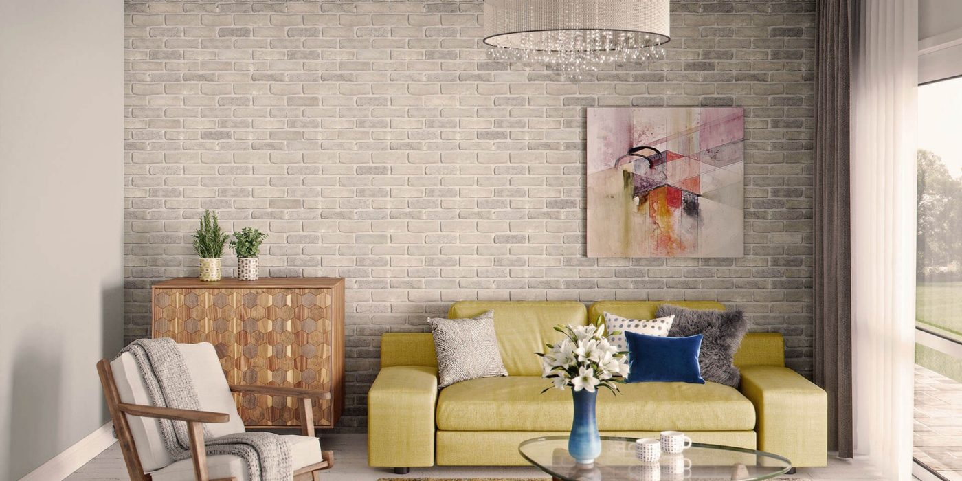 Smoked Branco Brick Slips in a living room setting 