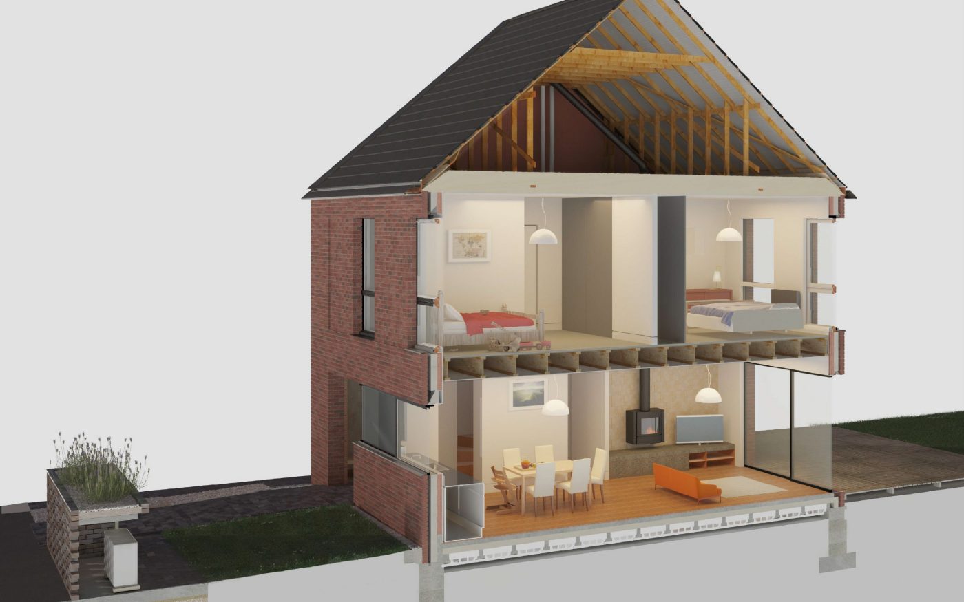 Exploded 3D illustration of an e4 house.